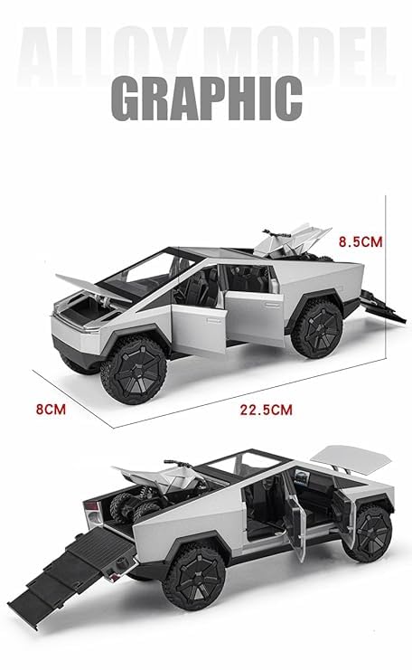 Tesla Cybertruck Model Toy with ATV, Die-Cast Scale Model, Silver