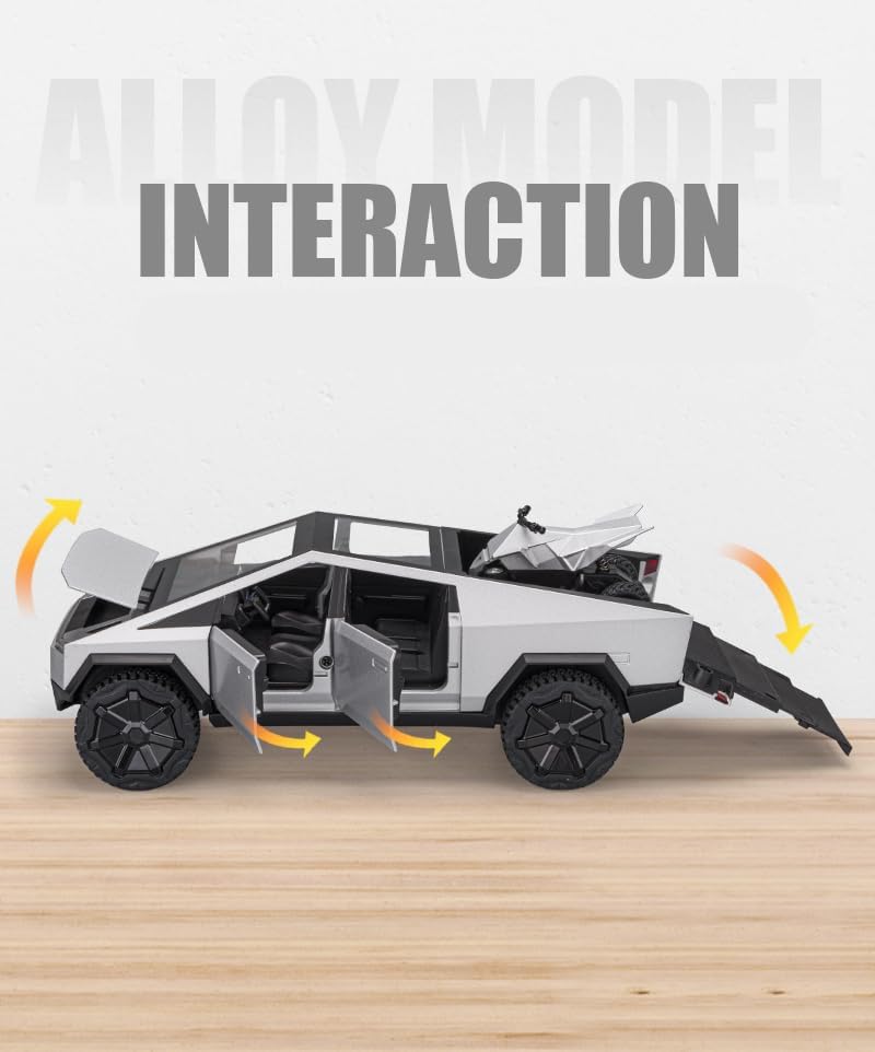 Tesla Cybertruck Model Toy with ATV, Die-Cast Scale Model, Silver