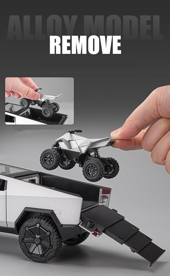 Tesla Cybertruck Model Toy with ATV, Die-Cast Scale Model, Silver